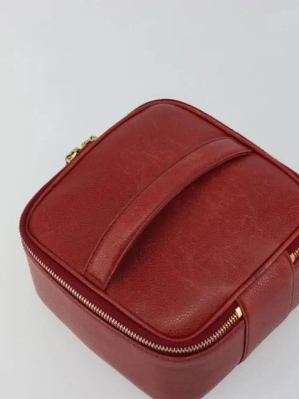 CHANEL COCO Mark Vanity Hand Bag Grained Calf Skin Red Gold CC Auth ka4988